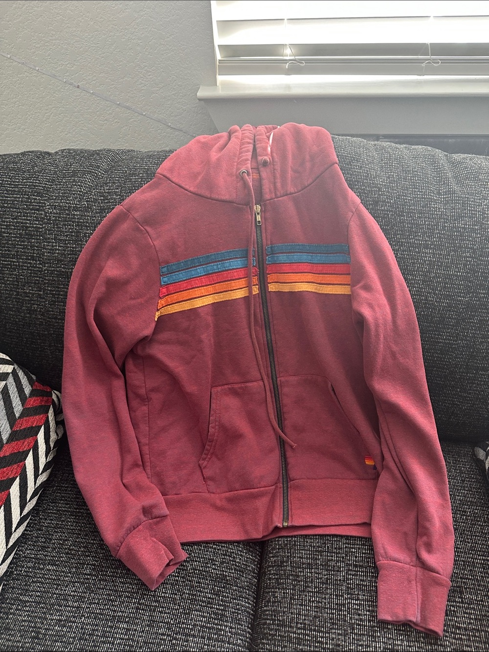 Women’s Maroon Zip Hoodie with Retro Stripe Detail